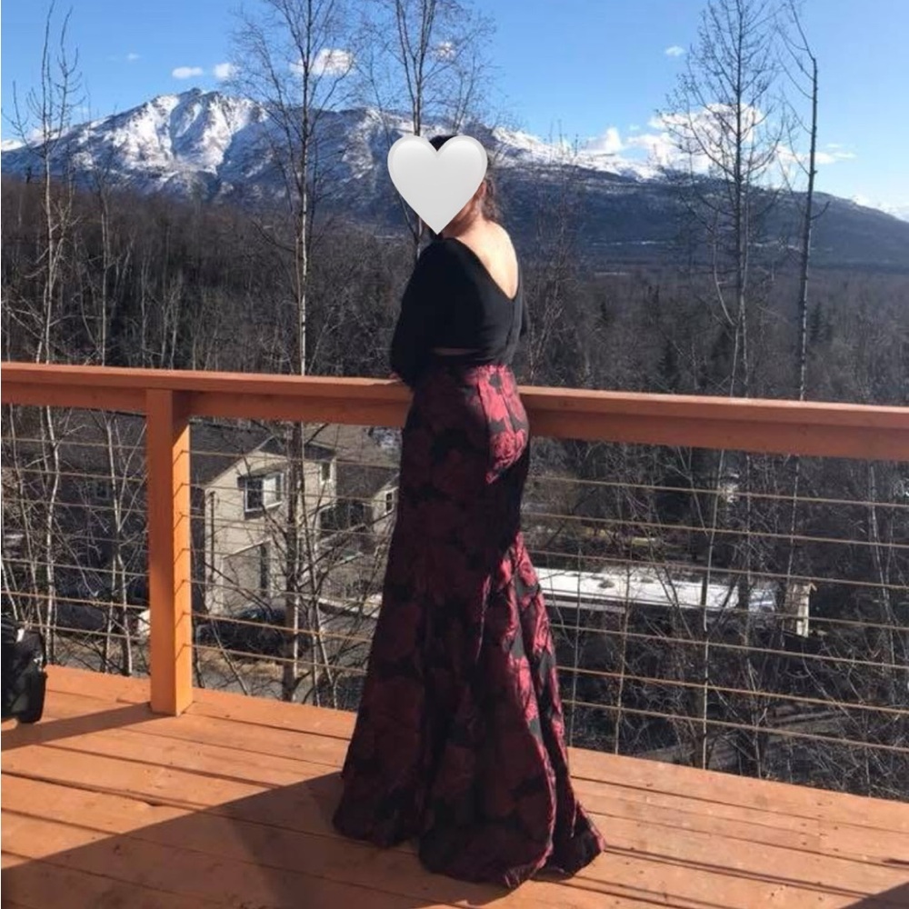 red and black floral prom dress